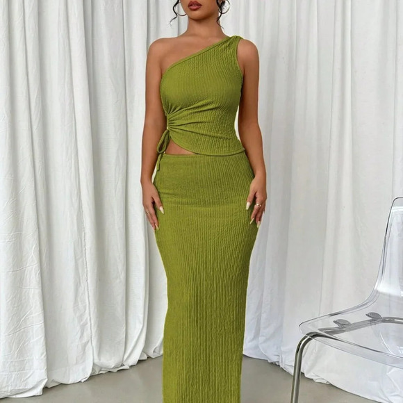 Olive Green Elegant Women's Cutout Drawstring Blouse And Mini Skirt - Picture 6 of 6